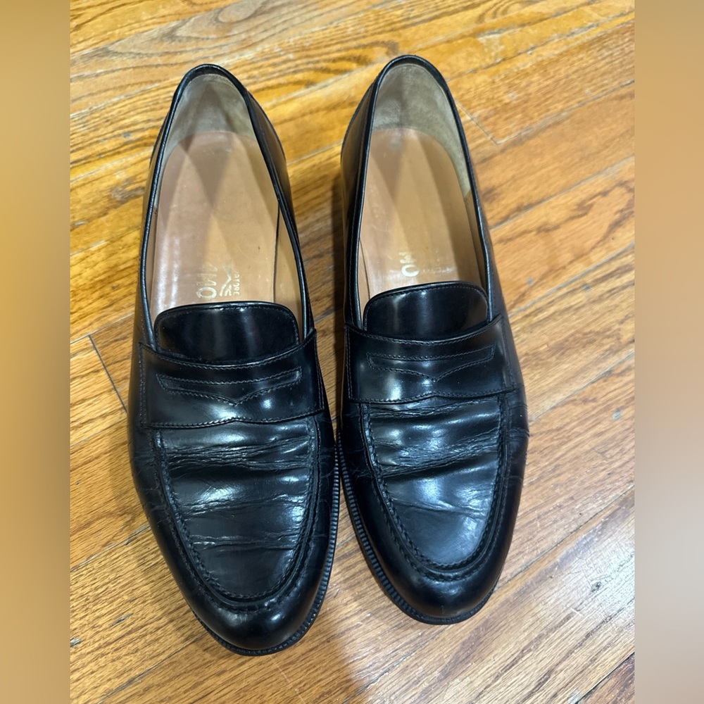 Salvatore Ferragamo Black Leather Mens Penny Loafers 8.5‎ D Vibram Soles